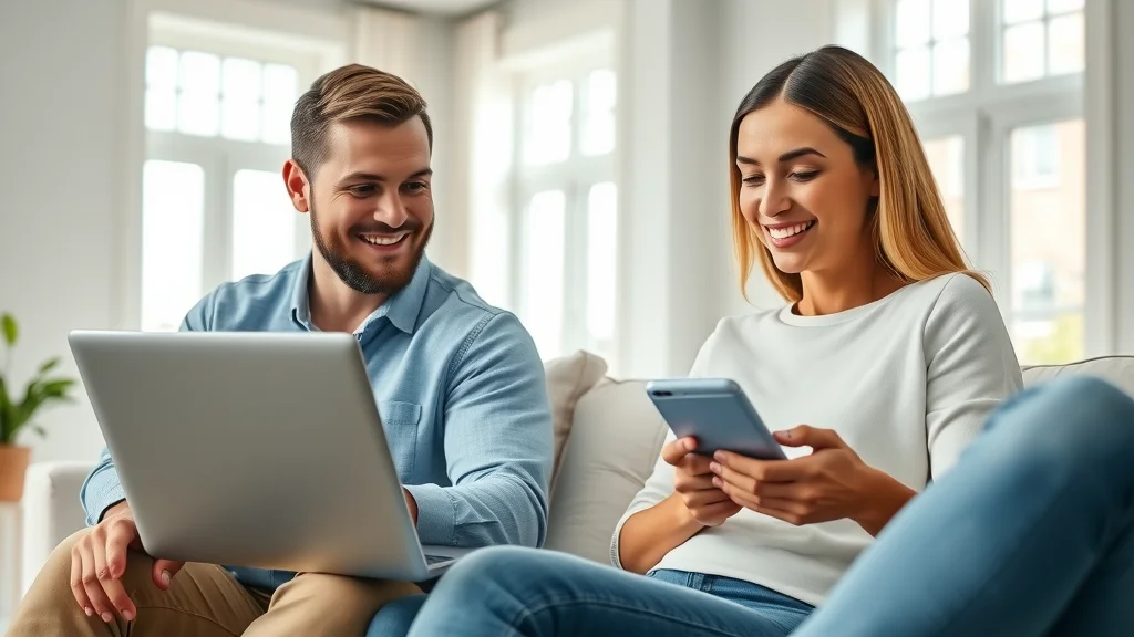 Bright inviting real estate website interface, happy homebuyers using clean property listing site on laptop and smartphone, real estate UX/UI design