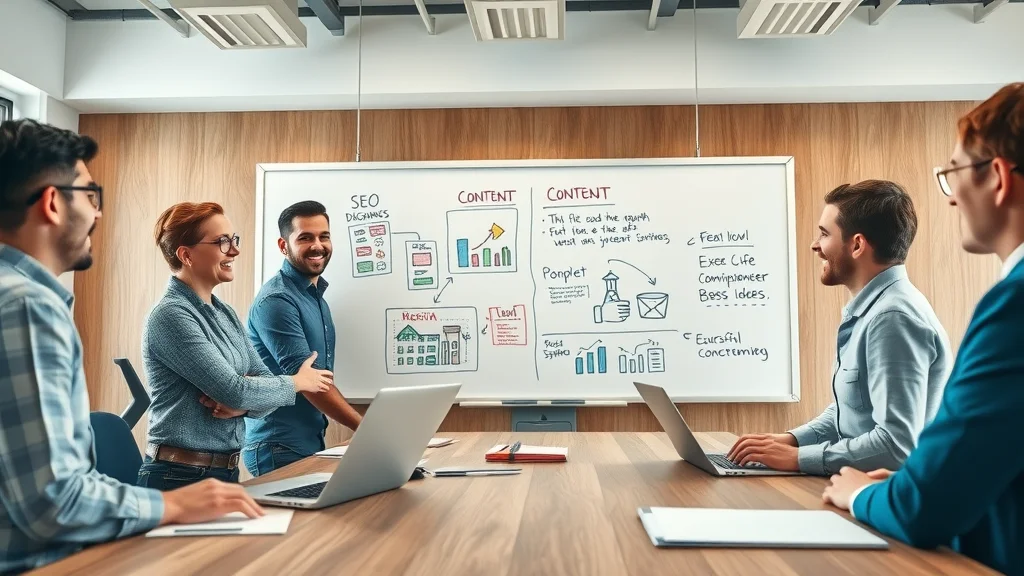 Real estate team brainstorming content and link building strategies for real estate SEO at a bright conference room whiteboard