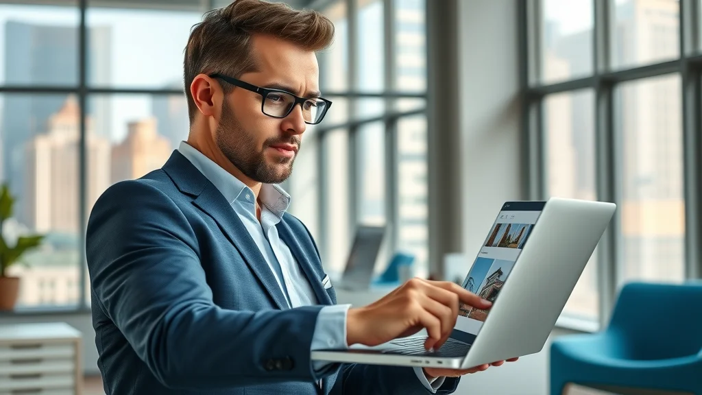 property listing website - Modern real estate agent reviewing property listings on a sleek laptop in a stylish office with vivid images and friendly client engagement